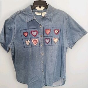 Vintage Denim Shirt Womens 2X Short Sleeve Button Up Embroidered Hearts